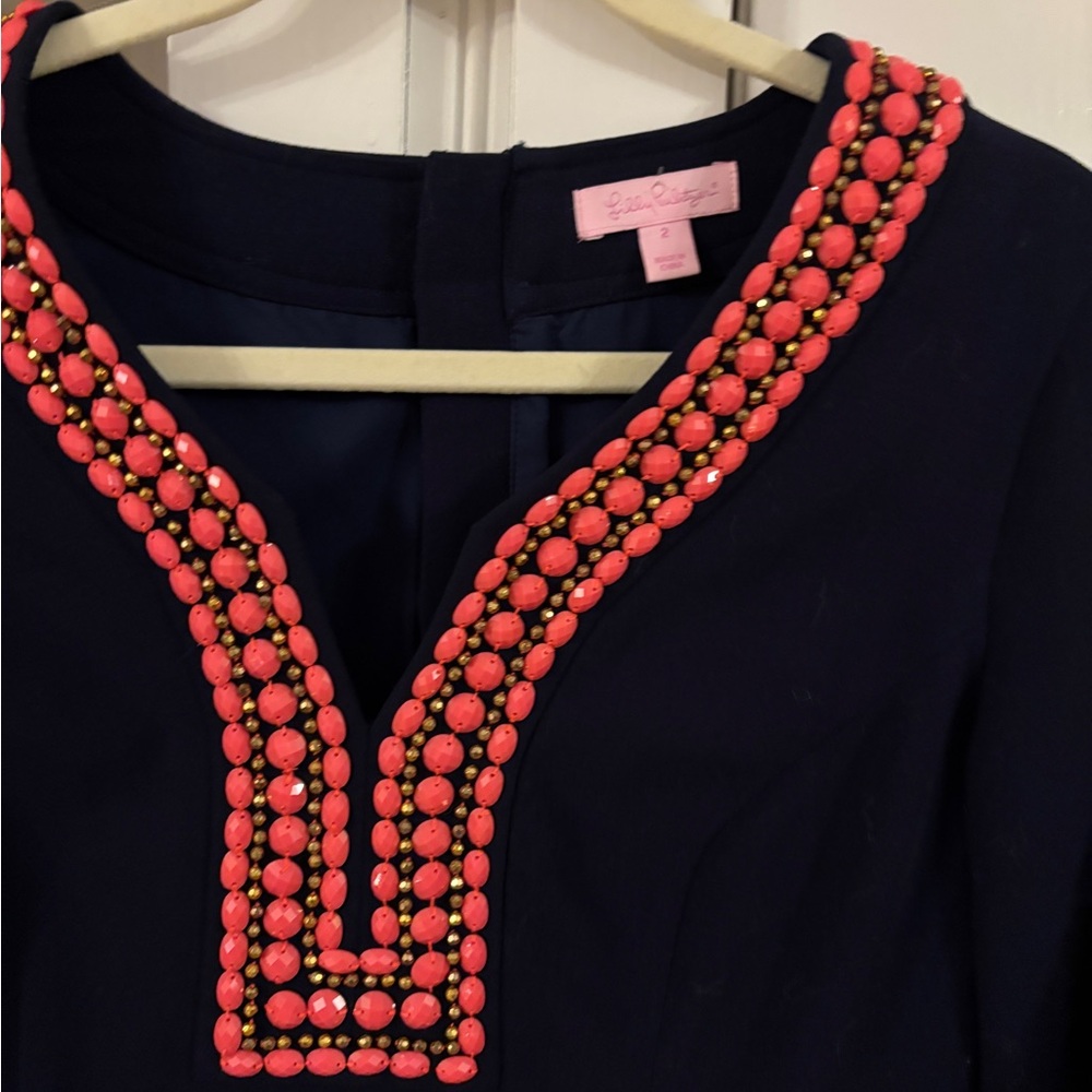 Lilly Pulitzer Bennett Shift Dress Beaded with Coral 3/4 sleeve - Picture 3 of 6